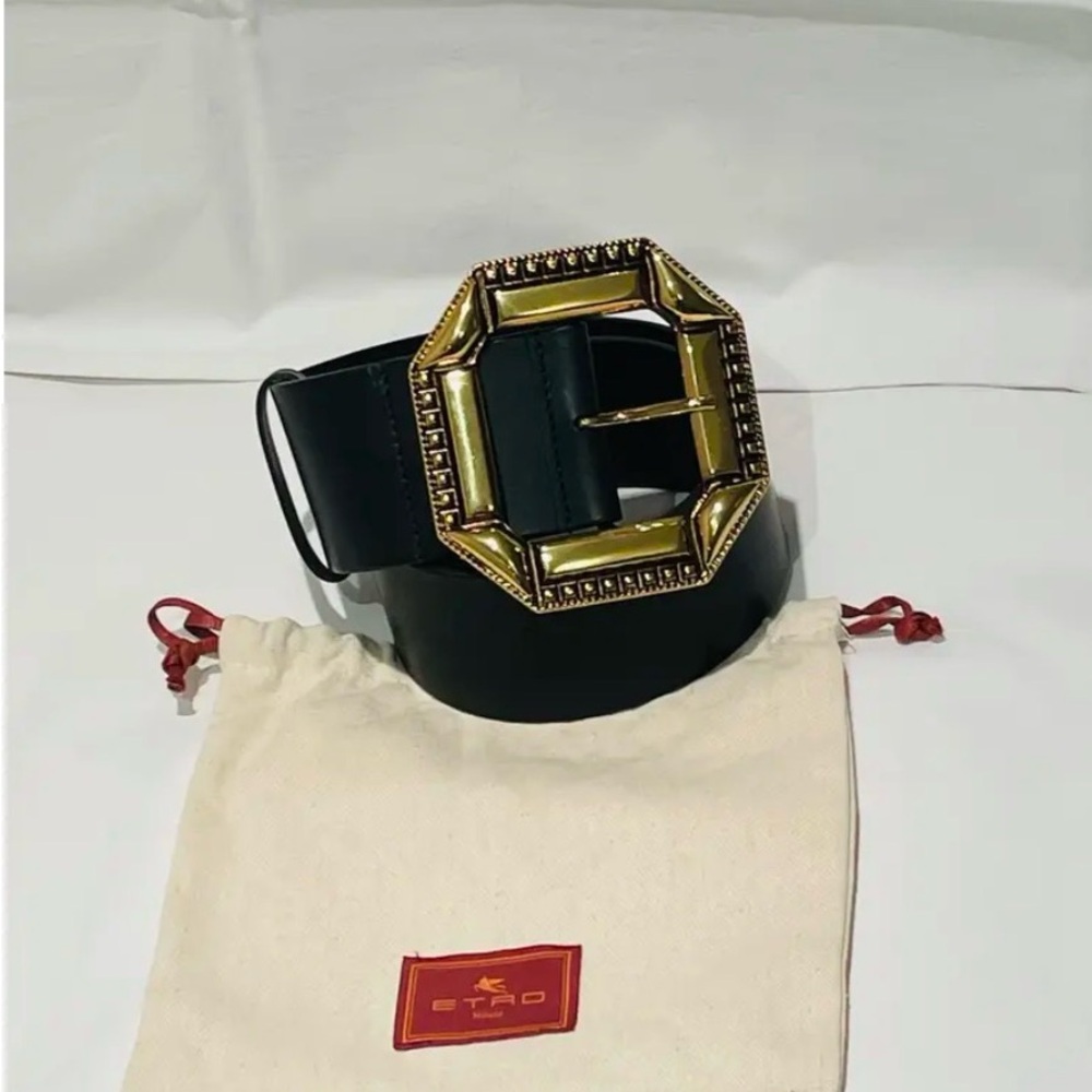Etro Milano Black Belt with Gold Buckle - Picture 3 of 8